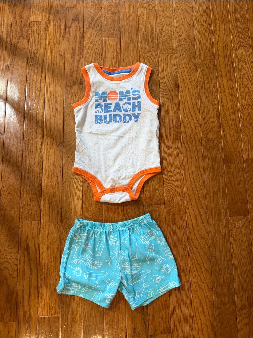 12M - MOM'S BEACH BUDDY White & Orange Baby Bodysuit with Aqua Shorts